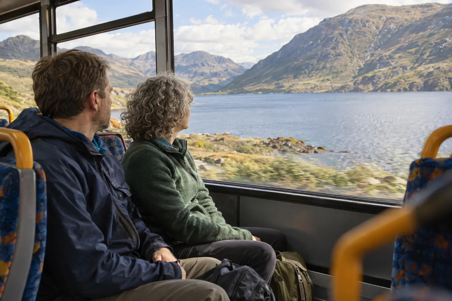 Two travellers exploring Scotland by bus look through a window towards Loch Leven and steep mountain slopes.